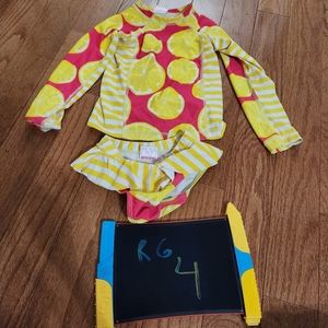 Ruffle girl lemon stripes swimsuit bathing suit size 4 rash guard